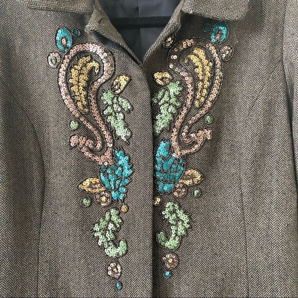 Oxmo-Wool Blend Leaf Sequin Long Sleeve Button Down Lightweight Jacket - Picture 5 of 11